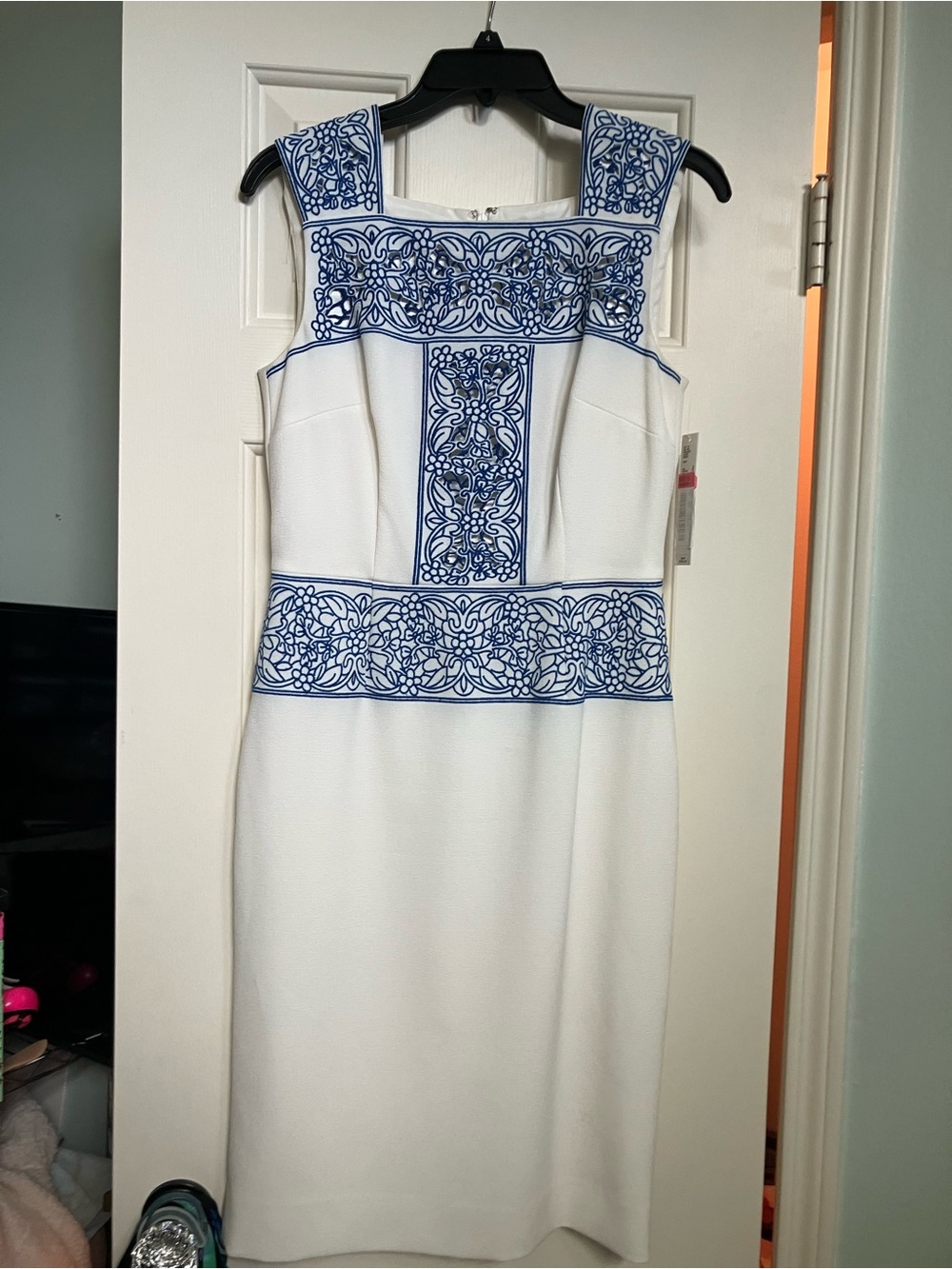 ANTONIO MELANI White Sheath Dress with Blue Embroidered Accents